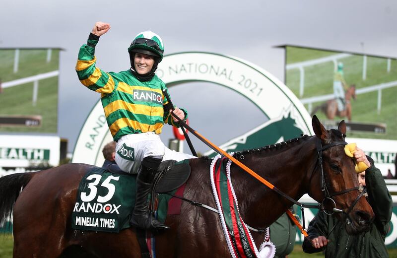 Rachael Blackmore celebrates winning the Grand National at Aintree Racecourse in Liverpool on Saturday, April 10, 2021. PA