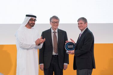 Sheikh Mohammed bin Zayed, Crown Prince of Abu Dhabi and Deputy Supreme Commander of the Armed Forces, pictured with Bill Gates and James 'Chip' Carpenter, son of Jimmy Carter, former US president whose foundation was recognised for its work in disease eradication. Hamad Al Kaabi / Crown Prince Court - Abu Dhabi