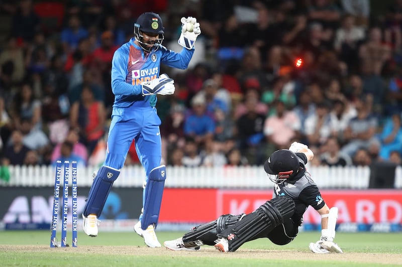 Kane Williamson survives a stumping attempt from KL Rahul in Hamilton. Getty Images