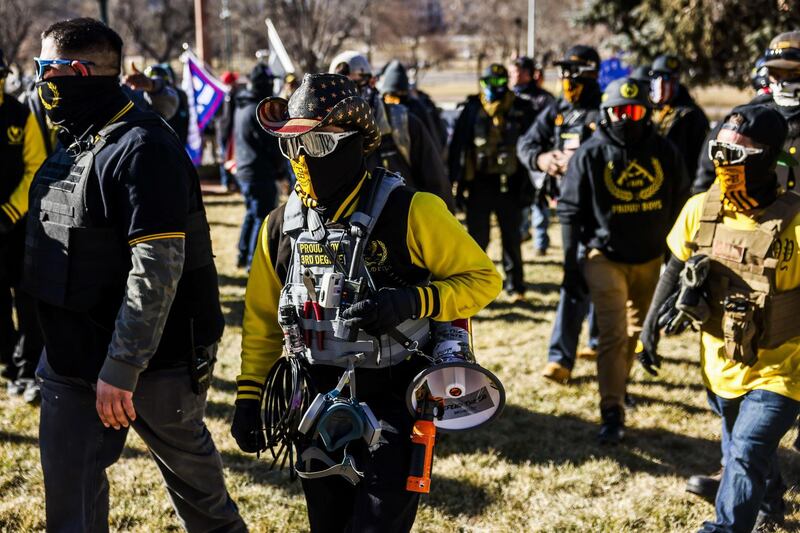 DENVER, CO - JANUARY 06: Members of the Proud Boys join Donald Trump supporters as they protest the election outside the Colorado State Capitol on January 6, 2021 in Denver, Colorado. Trump supporters gathered at state capitals across the country to protest todays ratification of Joe Bidens Electoral College victory over President Trump in the 2020 election.   Michael Ciaglo/Getty Images/AFP
== FOR NEWSPAPERS, INTERNET, TELCOS & TELEVISION USE ONLY ==
