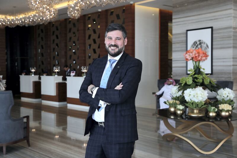 DUBAI , UNITED ARAB EMIRATES , January 17 – 2019 :- David Allan,  General manager at The Radisson Blu hotel in Business Bay area in Dubai. The Radisson Blu Hotel Dubai Waterfront has banned its staff from calling guests Sir and Madam. (Pawan Singh / The National ) For News. Story by Gillian Duncan