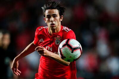 Benfica's Portuguese midfielder Joao Felix eyes the ball  during the Portuguese league football match between SL Benfica and Vitoria Setubal FC at the Luz stadium in Lisbon on April 14, 2019. / AFP / CARLOS COSTA
