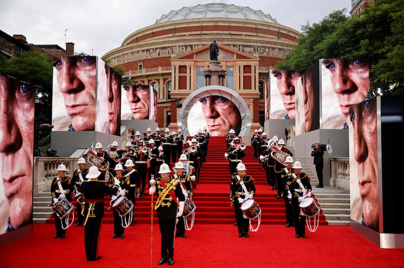 A military band plays at the Royal Albert Hall, London, before the start of the star-studded but much-delayed world premiere of ‘No Time to Die’. Photo: AFP