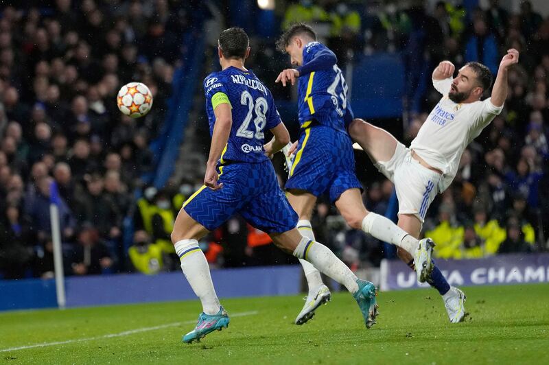 Chelsea's Kai Havertz heads home to pull a goal back in the first half. AP