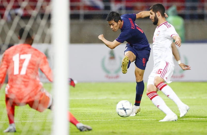 Thailand's Sarach Yooyen shoots at goal. Reuters