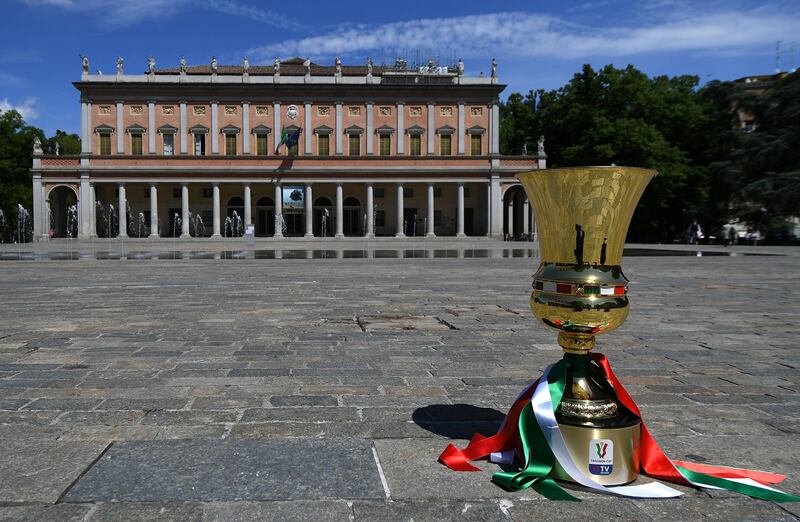 The Coppa Italia trophy at Sala del Tricolor ahead of the final between Atalanta and Juventus. Getty