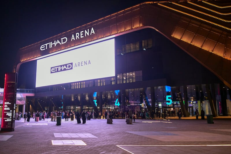 The entrance to Etihad Arena on Yas Island in Abu Dhabi. Khushnum Bhandari / The National