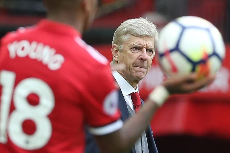 epa06701525 Arsenal's manager Arsene Wenger reacts  during the English premier league soccer match between Manchester United and Arsenal at Old Trafford Stadium in Manchester, Britain, 29 April 2018.  EPA/NIGEL RODDIS EDITORIAL USE ONLY. No use with unauthorised audio, video, data, fixture lists, club/league logos 'live' services. Online in-match use limited to 75 images, no video emulation. No use in betting, games or single club/league/player publications.