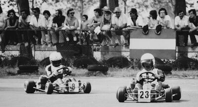 Ayrton Senna, in the number 8 kart, races against former world karting champion Terry Fullerton in August 1980. The Brazilian later hailed Fullerton as the best driver he competed against in his illustrious career. Shutterstock
