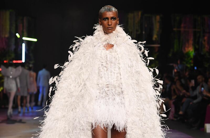 DUBAI, UNITED ARAB EMIRATES - OCTOBER 31: A model walks the runway at the Michael Cinco show during the FFWD October Edition 2019 at the Dubai Design District on October 31, 2019 in Dubai, United Arab Emirates. (Photo by Stuart C. Wilson/Getty Images for FFWD)