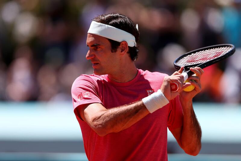 MADRID, SPAIN - MAY 04: Rodger Federer of Switzerland trains during day one of the Mutua Madrid Open at La Caja Magica on May 04, 2019 in Madrid, Spain. (Photo by Alex Pantling/Getty Images)