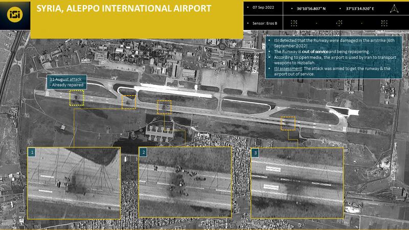 A satellite image shows damage at Aleppo airport in northern Syria following reported Israeli strikes on September 6. AFP