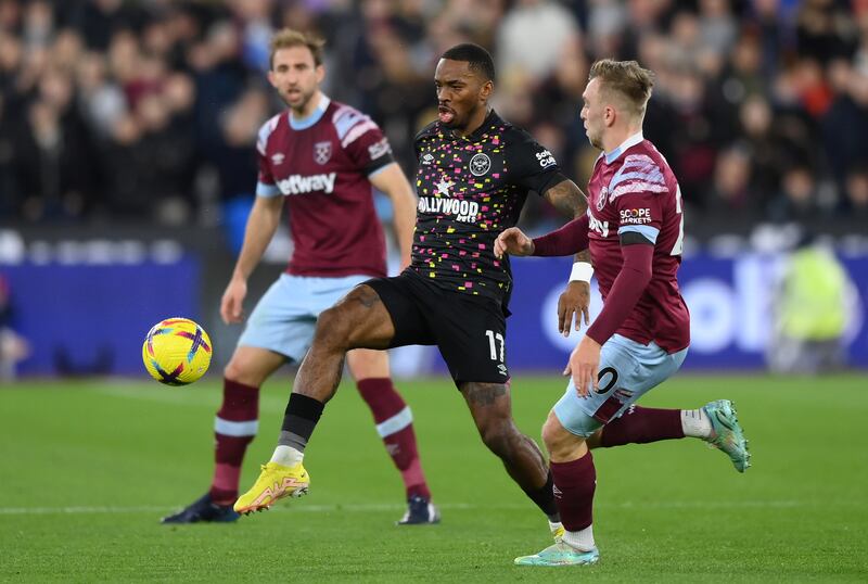 Ivan Toney of Brentford wins the ball ahead of Jarrod Bowen of West Ham United. Getty Images