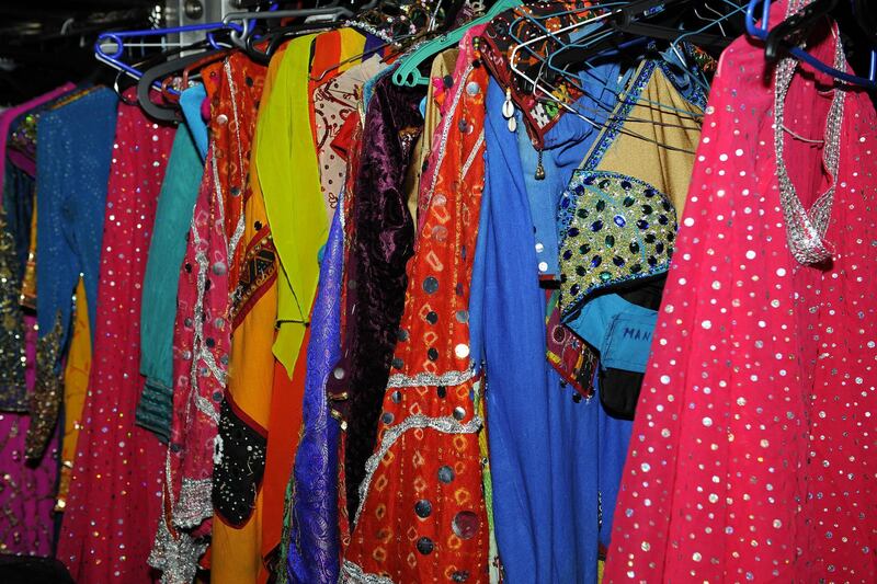 Brightly colored costumes that are worn by the dancers of The Merchants of Bollywood.