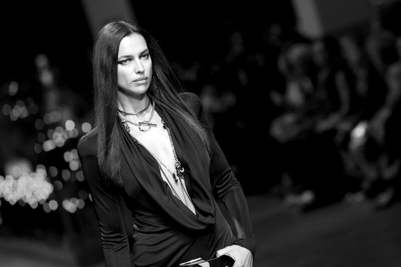 Irina Shayk walks the runway. Getty