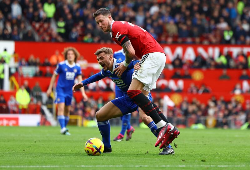 Leicester City's Kiernan Dewsbury-Hall in action with Manchester United's Wout Weghorst. Reuters 
