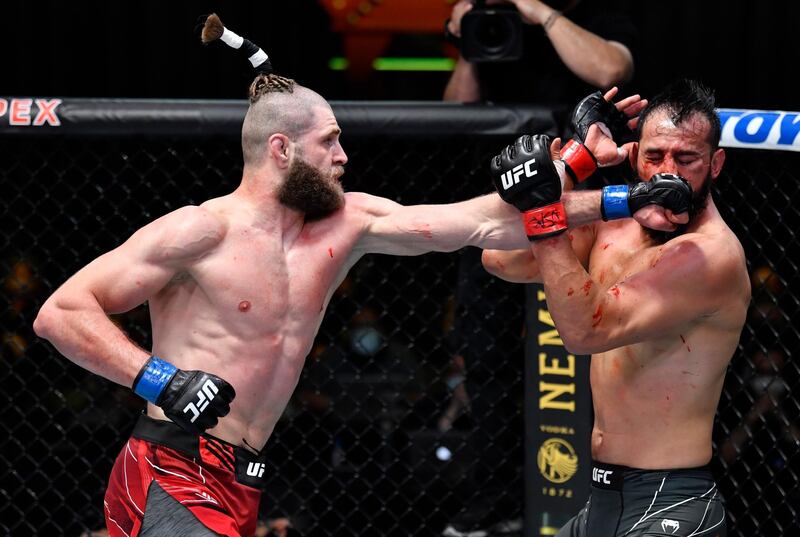 LAS VEGAS, NEVADA - MAY 01: (L-R) Jiri Prochazka of the Czech Republic punches Dominick Reyes in a light heavyweight bout during the UFC Fight Night event at UFC APEX on May 01, 2021 in Las Vegas, Nevada. (Photo by Jeff Bottari/Zuffa LLC)