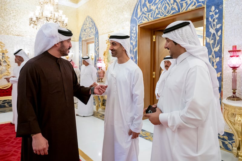 Sheikh Hamdan bin Mohamed speaks to Sheikh Khaled bin Hamad bin Isa Al Khalifah

