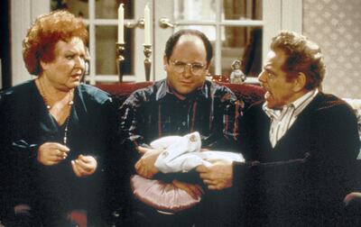 SEINFELD -- "The Shower Head" Episode 15 -- Pictured: (l-r) Estelle Harris as Estelle Costanza, Jason Alexander as George Costanza, Jerry Stiller as Frank Costanza  (Photo by Margaret Norton/NBCU Photo Bank/NBCUniversal via Getty Images via Getty Images)