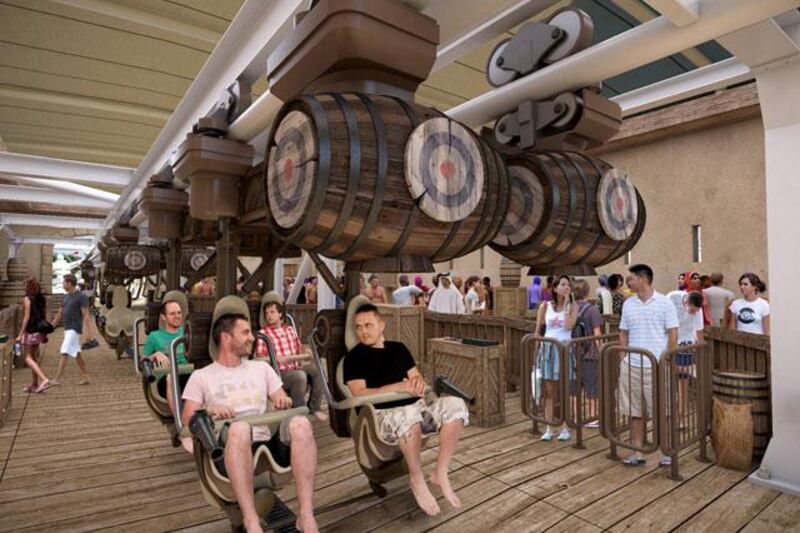 Bandit Bomber: This ride features on-board water and laser effects. Riders can shoot jets of water at targets, drop water bombs and trigger special effects. People below can spray them. Courtesy Yas Waterworld Abu Dhabi