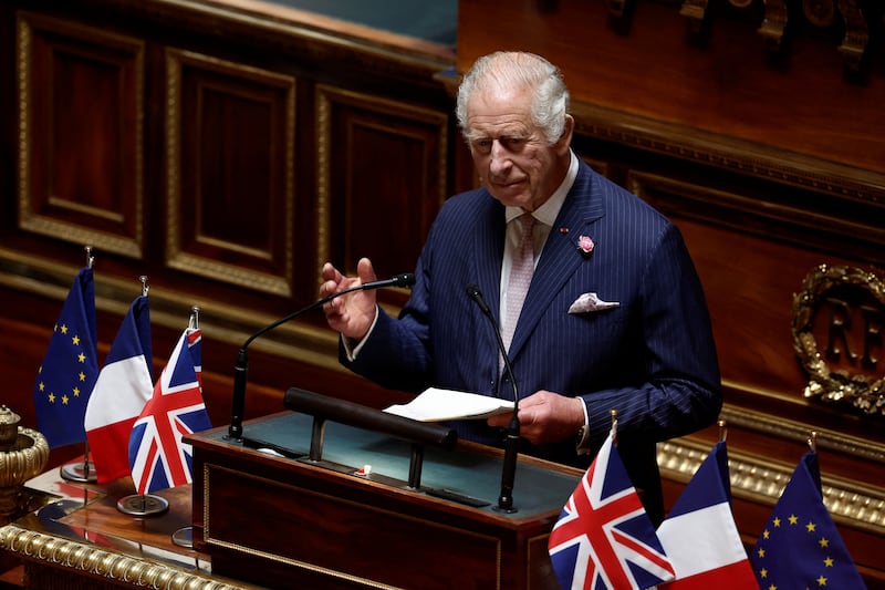 King Charles III delivers a speech to members of parliament at the French Senate in Paris. Reuters