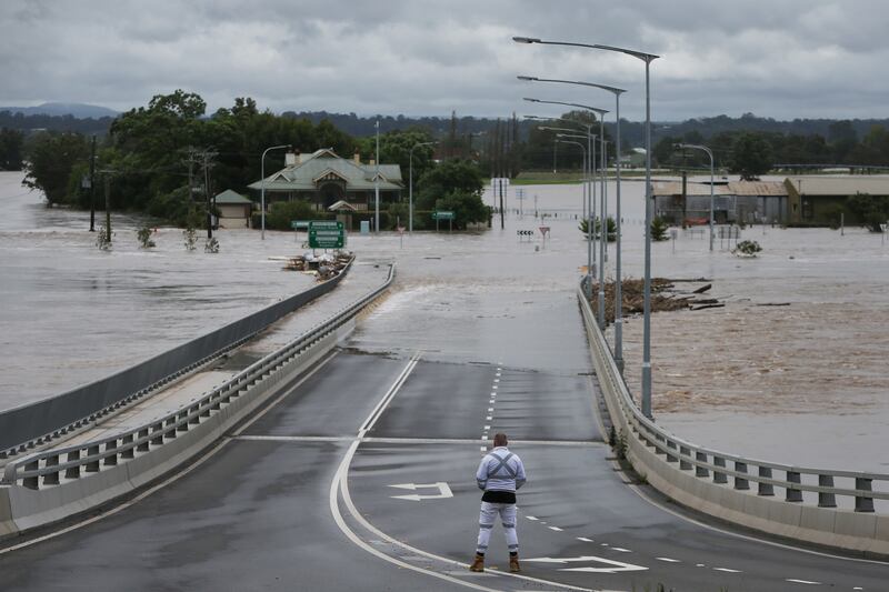 The Windsor Bridge is seen partly submerged under rising floodwaters along the Hawkesbury River in Sydney, Australia. Getty Images