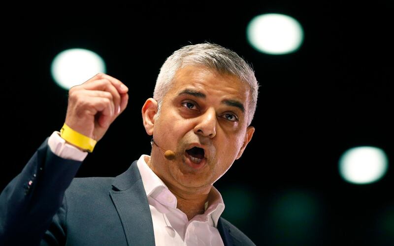 FILE - In this Thursday, April 28, 2016 file photo, Sadiq Khan speaks during an assembly at the London Mayor election event of London Citizens in London. U.S President Donald Trump has been outspoken in his criticism of Londonâ€™s first Muslim mayor, Sadiq Khan, for what Trump called a failure to tackle crime and terrorism. Khan did not reply but Labour Party lawmaker David Lammy tweeted that Trump was a â€œracistâ€ who hates the fact that Londoners elected a Muslim mayor. Trump will begin his state visit to Britain on June 3, 2019. (AP Photo/Frank Augstein, file)