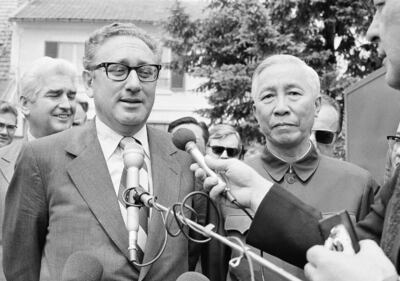 Henry Kissinger, left, US president Richard Nixon's national security adviser, and Le Duc Tho, member of Hanoi's Politburo, in Paris, on June 13, 1973. AP