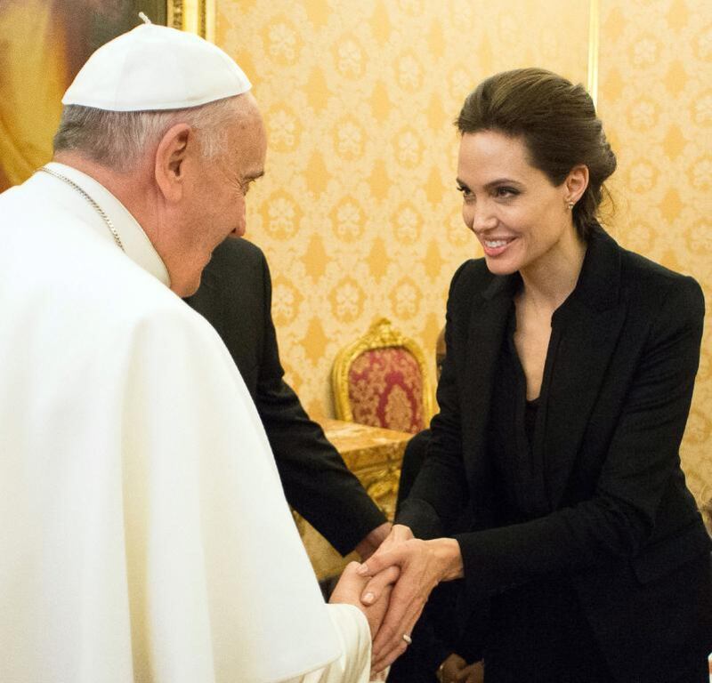 Pope Francis meets with Angelina Jolie at the Vatican. Osservatore Romano / AFP