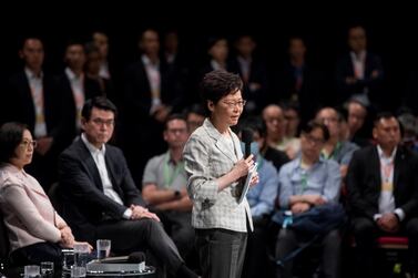 Carrie Lam, Hong Kong's chief executive, speaks at the community dialogue session at Queen Elizabeth Stadium in the Wan Chai district on September 26, 2019. Bloomberg