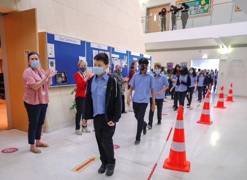 Abu Dhabi, United Arab Emirates, February 16, 2021.  Teachers of the British School Al Khubairat welcome the level 7 students back to school.
Victor Besa/The National
Reporter:  Haneen Dajani
Section:  NA