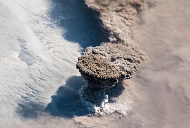 A large volcanic ash and gas plume is seen from the International Space Station rising above the Kuril Islands in the North Pacific Ocean. Reuters