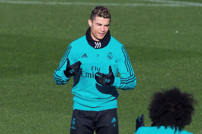 epa06446188 Real Madrid's Cristiano Ronaldo takes part in a training session at Valdebebas sport facilities in Madrid, Spain, 17 January 2018. Real Madrid will face Leganes in a Spanish King's Cup quarter final first leg match on 18 January.  EPA/RODRIGO JIMENEZ