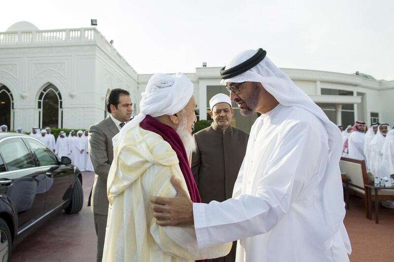 Sheikh Mohammed bin Zayed, Crown Prince of Abu Dhabi and Deputy Supreme Commander of the Armed Forces, receives at Al Bahr Palace an Islamic scholar who is participating in the Forum for Promoting Peace in Muslim Societies. Ryan Carter / Crown Prince Court – Abu Dhabi