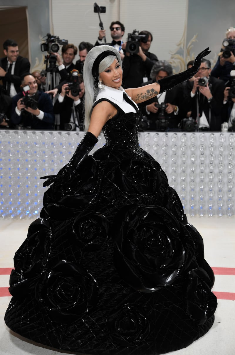 Cardi B attends the 2023 Met Gala, which honoured the late Karl Lagerfeld, in a monochrome look by Chenpeng Studio. AP