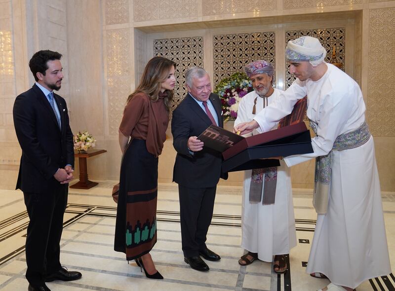 King Abdullah, Queen Rania, and Crown Prince Hussein at the House of Musical Arts at the Royal Opera House in Muscat during their visit to Oman. @RHCJO via Twitter
