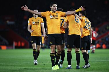 SOUTHAMPTON, ENGLAND - JANUARY 18: Raul Jimenez of Wolverhampton Wanderers celebrates scoring his sides third goal during the Premier League match between Southampton FC and Wolverhampton Wanderers at St Mary's Stadium on January 18, 2020 in Southampton, United Kingdom. (Photo by Bryn Lennon/Getty Images)
