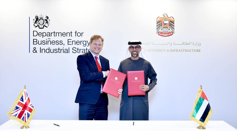 Suhail Al Mazrouei, Minister of Energy and Infrastructure, with UK Business Secretary, Grant Shapps, at the signing of the clean energy agreement. Wam