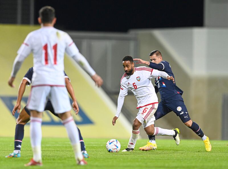 Majid Rashid holds off a challenge during the UAE's friendly against Paraguay in Austria. Photo: UAE FA