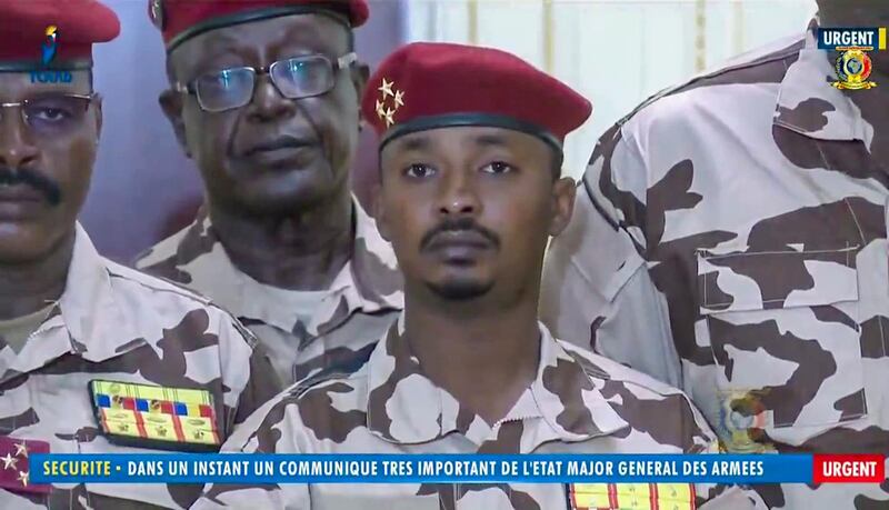 Mahamat Idriss Deby Itno, 37, the son of Chadian President Idriss Deby Itno, is seen during a military broadcast announcing the death of his father on state television. AP Photo