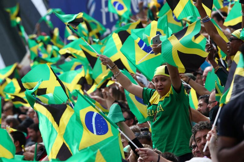 Jamaica and Brazil fans during the Group C match at Stade des Alpes in Grenoble. Brazil won the match 3-0. Reuters