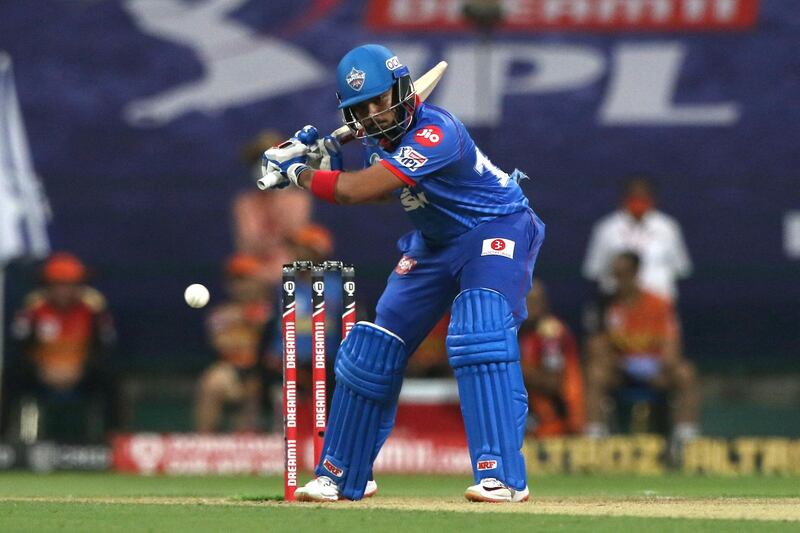 Prithvi Shaw of Delhi Capitals  plays a shot during the match 11 of season 13 of Indian Premier League (IPL) between the Delhi Capitals and the Sunrisers Hyderabadheld at the Sheikh Zayed Stadium, Abu Dhabi  in the United Arab Emirates on the 29th September 2020.  Photo by: Pankaj Nangia  / / Sportzpics for BCCI