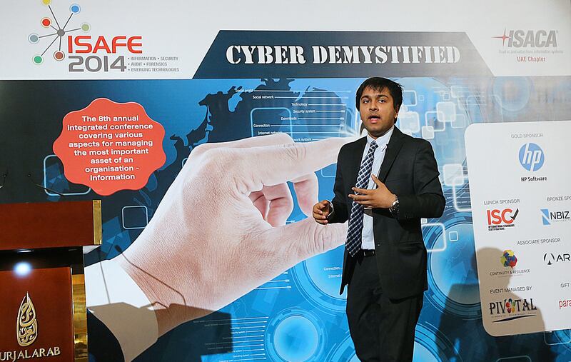 Saket Modi, the cofounder and chief executive of Lucideus Tech, delivered a talk on cyber security in Dubai. Satish Kumar / The National