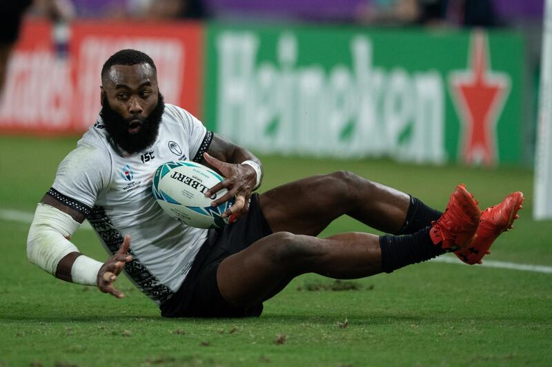 epa07907459 Semi Radradra of Fiji in action during the Rugby World Cup match between Wales and Fiji in Oita, Japan, 09 October 2019.  EPA/HIROSHI YAMAMURA EDITORIAL USE ONLY/ NO COMMERCIAL SALES / NOT USED IN ASSOCATION WITH ANY COMMERCIAL ENTITY