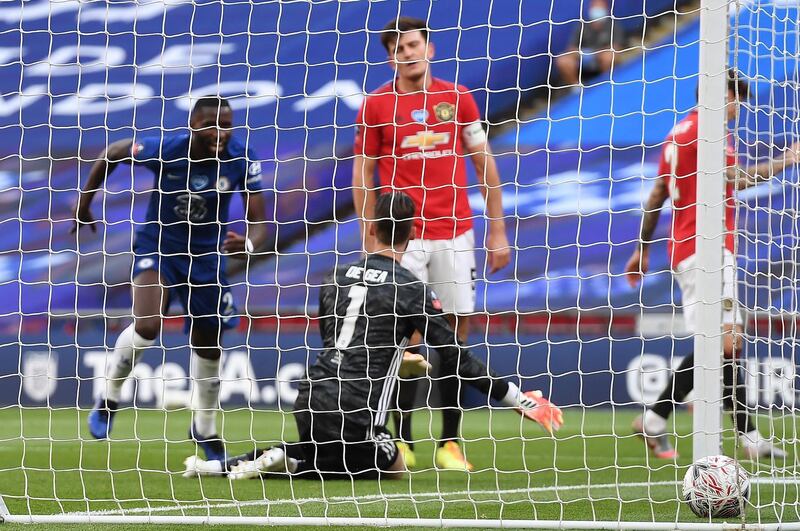 Chelsea's Antonio Rudiger (L) and Manchester United's goalkeeper David de Gea after Manchester Unted's Harry Maguire (C) scored an own goal. EPA