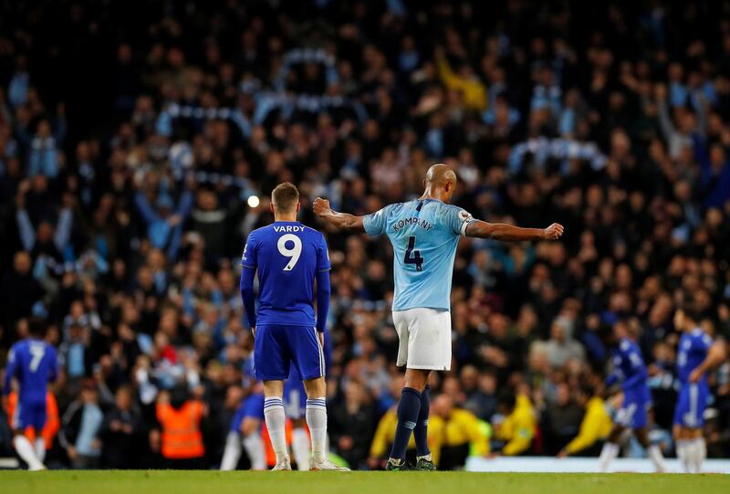 Vincent Kompany celebrates after Manchester City beat Leicester City. Reuters