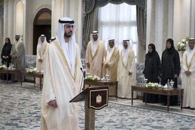 ABU DHABI, UNITED ARAB EMIRATES - October 31, 2017: HE Omar bin Sultan Al Olama, UAE Minister of State for Artificial Intelligence, gives his oath, during a swearing-in ceremony for newly appointed ministers, at Mushrif Palace.

( Hamad Al Kaabi / Crown Prince Court - Abu Dhabi )
---