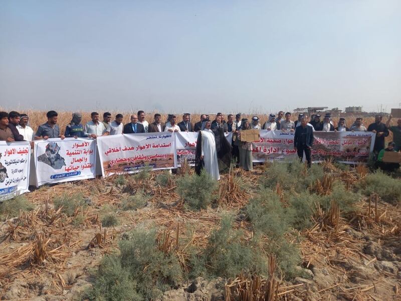 The marshes residents and activists hold a protest in the southern Thi Qar province, home to huge parts of marshes, as part the newly launched National Campaign to Save the Marshes, calling for fair share of water and financial aid. Photo: Environmental Activist Jassim Al Asadi.