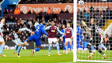 Axel Disasi scores Chelsea's third goal against Aston Villa before VAR rules it out for a foul. PA