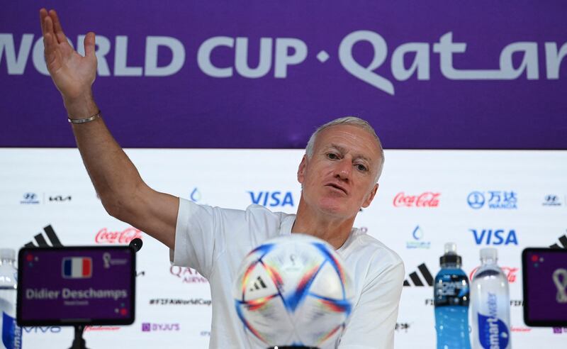 French coach Didier Deschamps makes his point at a press conference at the Qatar National Convention Centre in Doha on the eve of his nation's match against Australia. AFP